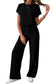 Black Ribbed Keyhole Short Sleeve Wide Leg Jumpsuit