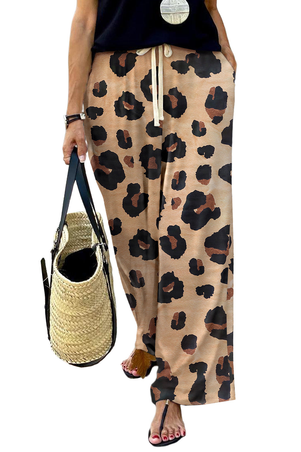 Leopard Drawstring Wide Leg Casual Pants