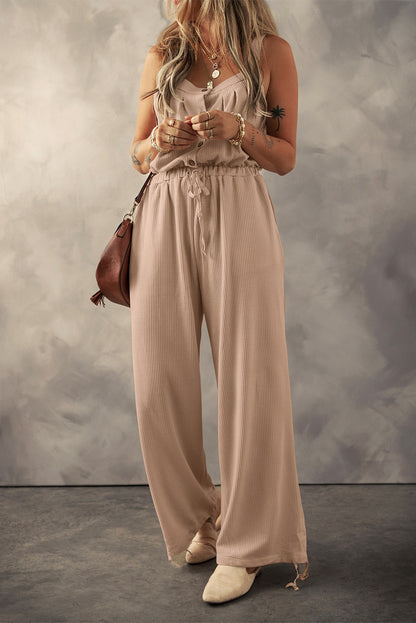 Pale Khaki Knotted Straps Textured Drawstring Jumpsuit