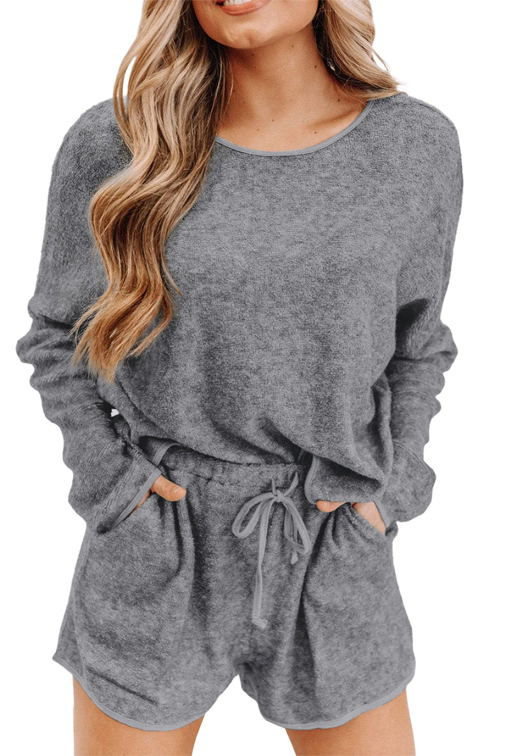 Gray Long Sleeve Top and Drawstring Shorts Lounge Set