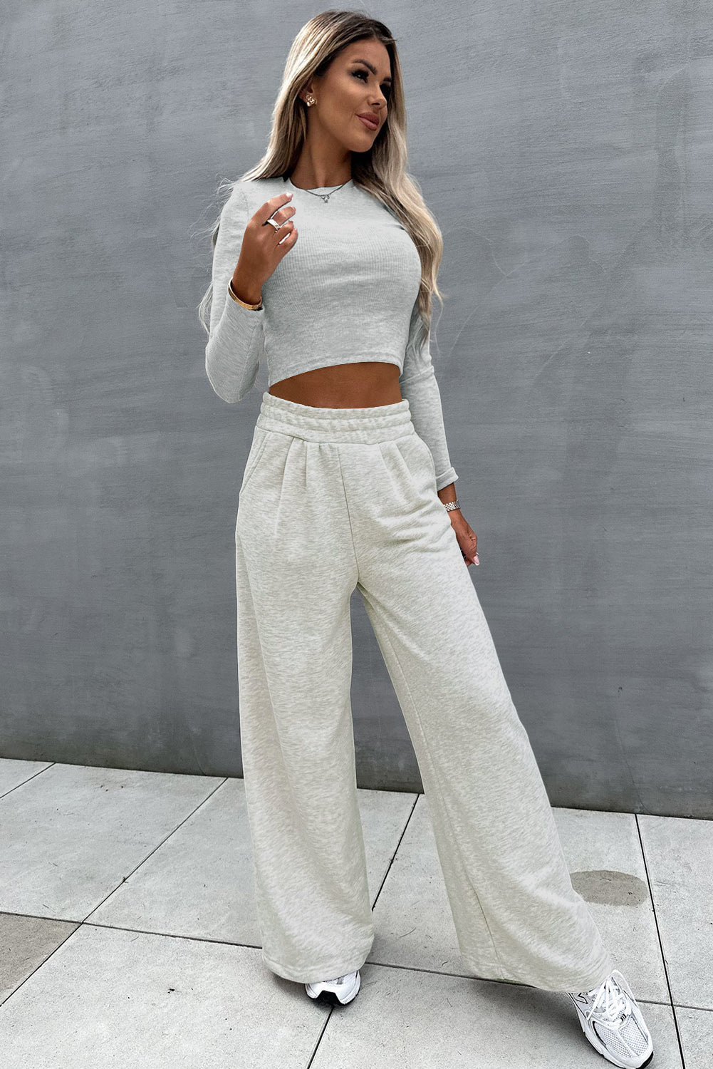 Beige Crop Top and Wide Leg Pants Two Piece Set