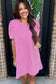 Parchment Corded Knit Crew Neck Puff Sleeve Shift Mini Dress