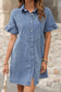 Black Frilled Short Sleeve Button Up Loose Denim Shirt Dress