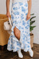 Sky Blue Boho Floral High Waist Ruffle Split Maxi Skirt
