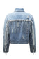 Sky Blue Sequin Embellished Fringe Distressed Denim Jacket