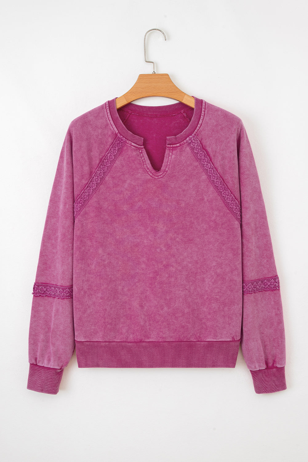 Sail Blue Lace Patchwork Detail Notched Neck Mineral Wash Baggy Sweatshirt