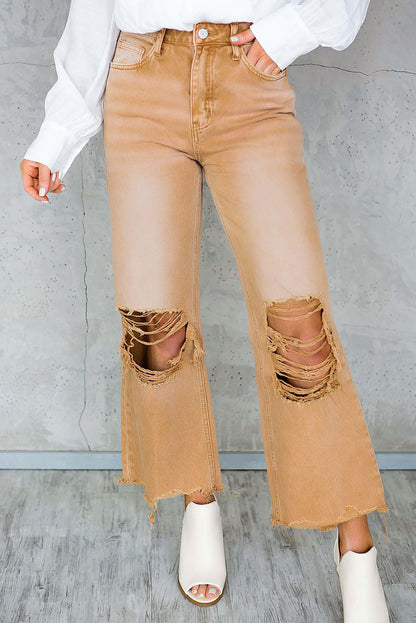 Brown Distressed High Waist Cropped Flare Jeans