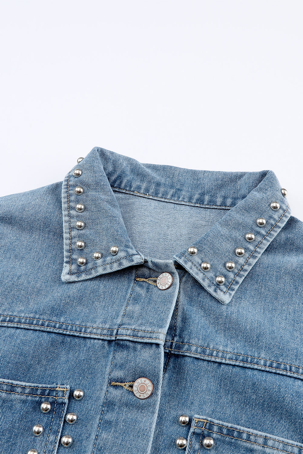 Sky Blue Rivet Studded Pocketed Denim Jacket