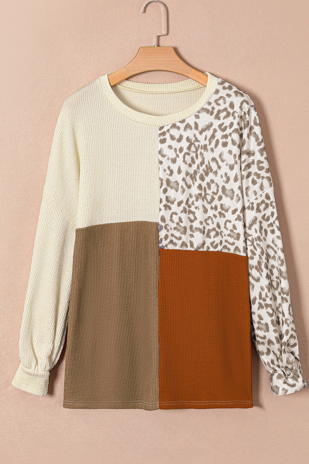 Ribbed Color Block Leopard Plus Size Top