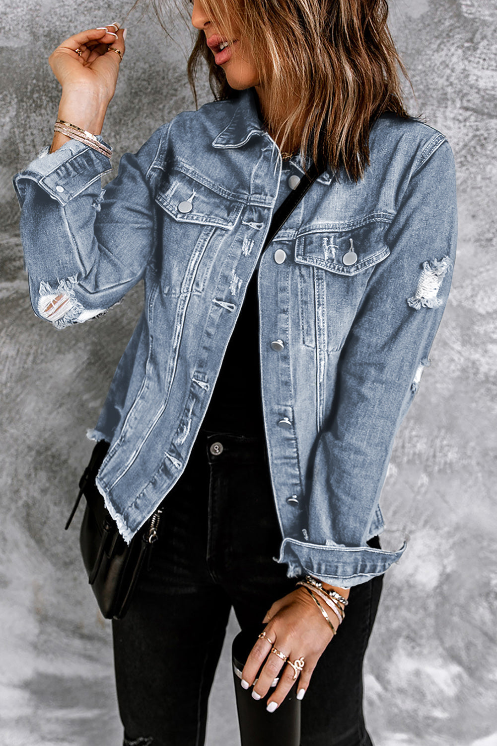 Sky Blue Lapel Distressed Raw Hem Denim Jacket