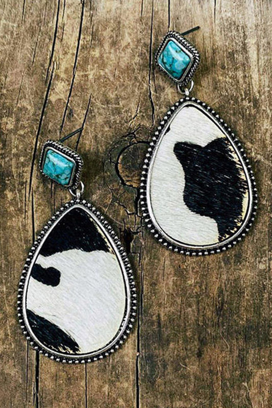 Black Cow Print Turquoise Drop Earrings