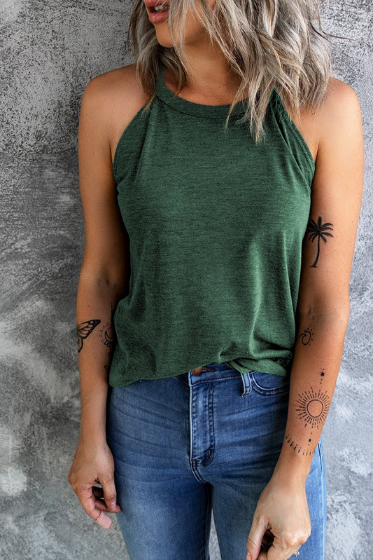 Solid Color Green Crew Neck Tank Top