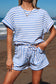 Black Stripe Knitted Short Sleeve Top and Drawstring Shorts Set