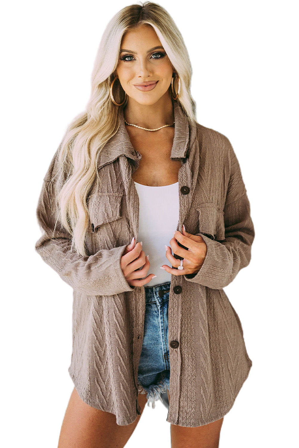 Oversize Textured Knit Khaki Shacket