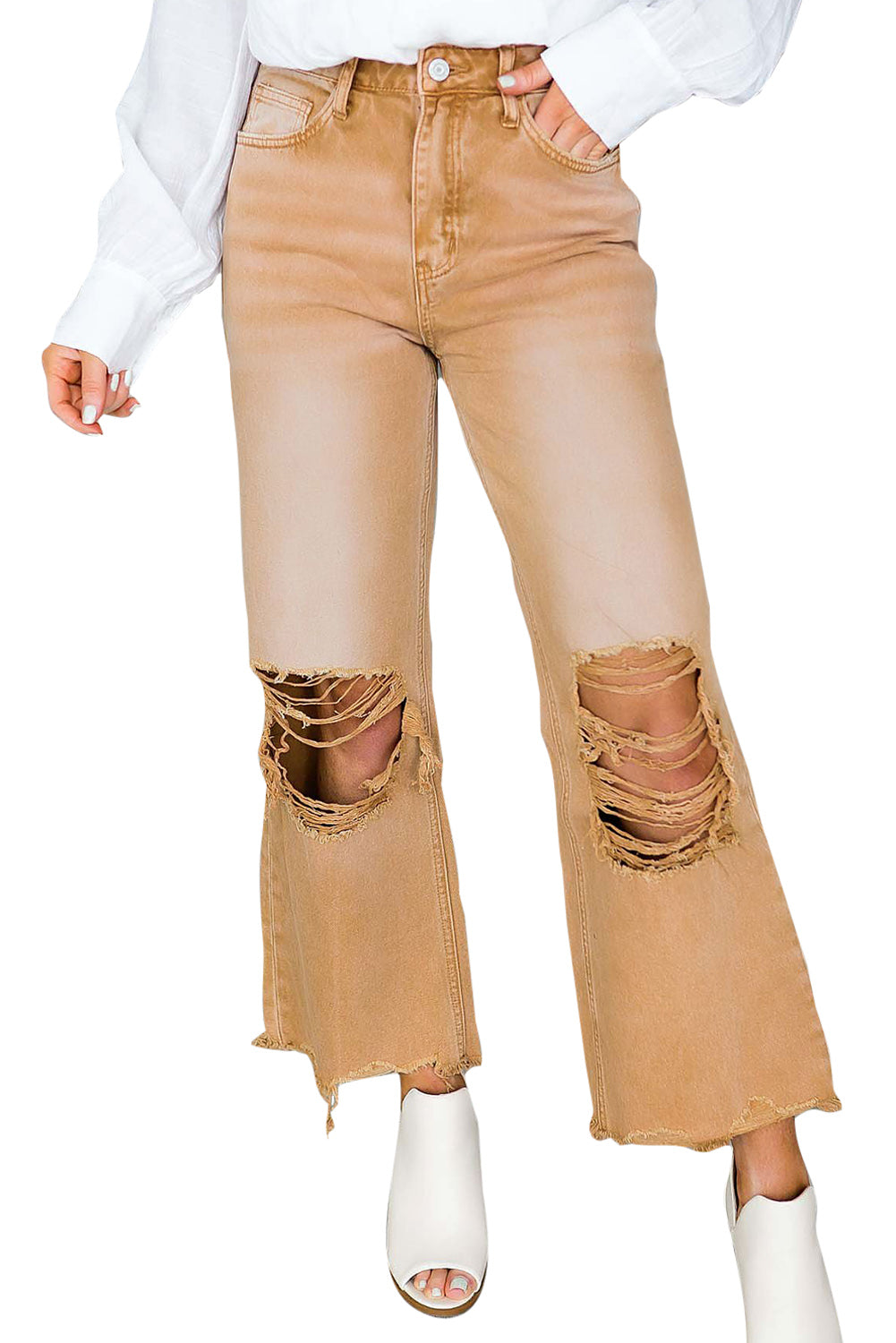 Brown Distressed High Waist Cropped Flare Jeans