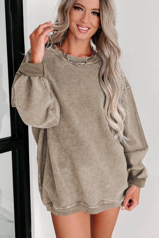 Khaki Ribbed Knit Round Neck Pullover Sweatshirt