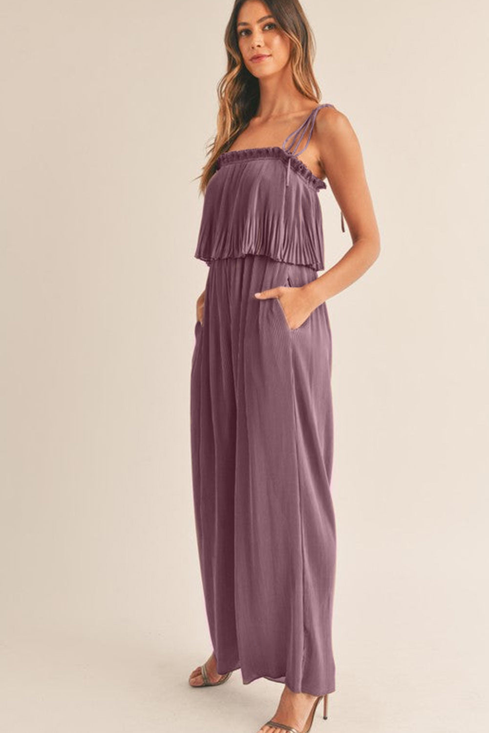 Rose Tan Pleated Wide Leg Jumpsuit