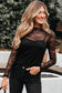 Black Lace Crochet Mesh Patched Slim Fit Long Sleeve Top