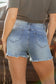 Dusk Blue Pearl Beaded Raw Hem Medium Wash Denim Shorts