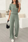 Black Ribbed Keyhole Short Sleeve Wide Leg Jumpsuit