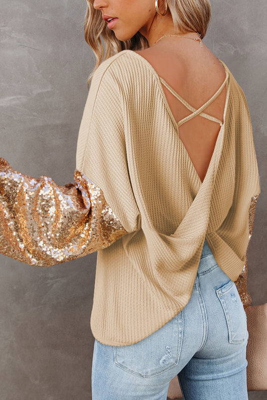 Apricot Sequin Sleeve Open Back Waffle Knit Top