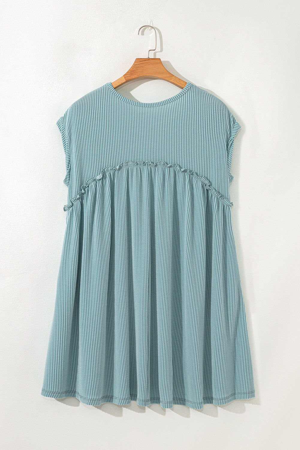 Dusty Pink Corded Knit Textured Patched Pocket Frilled Swing Mini Dress with Pockets