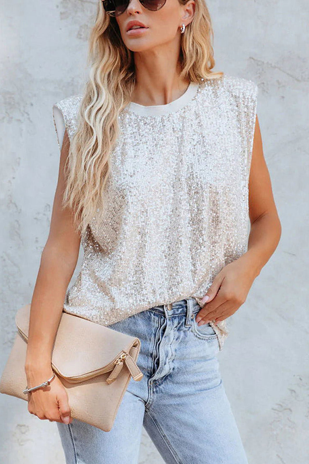 White Round Neck Sequin Tank Top