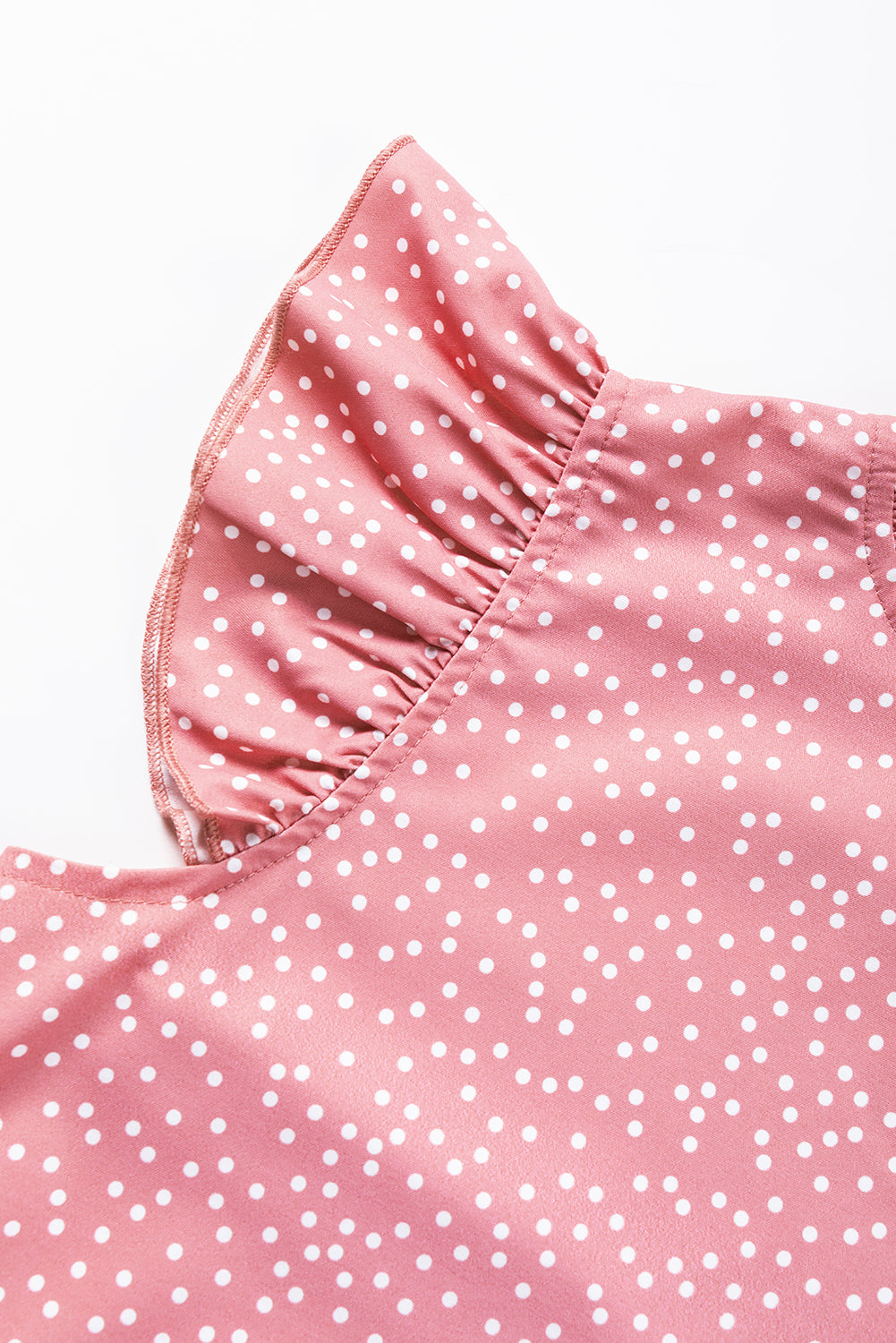 Pink Polka Dots Ruffle Flutter Sleeve Frilled Neck Blouse