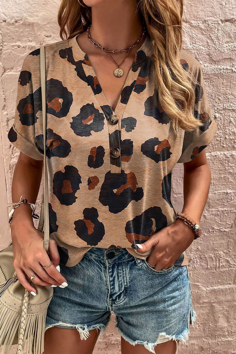 Leopard Folded Short Sleeve Buttoned V Neck Blouse