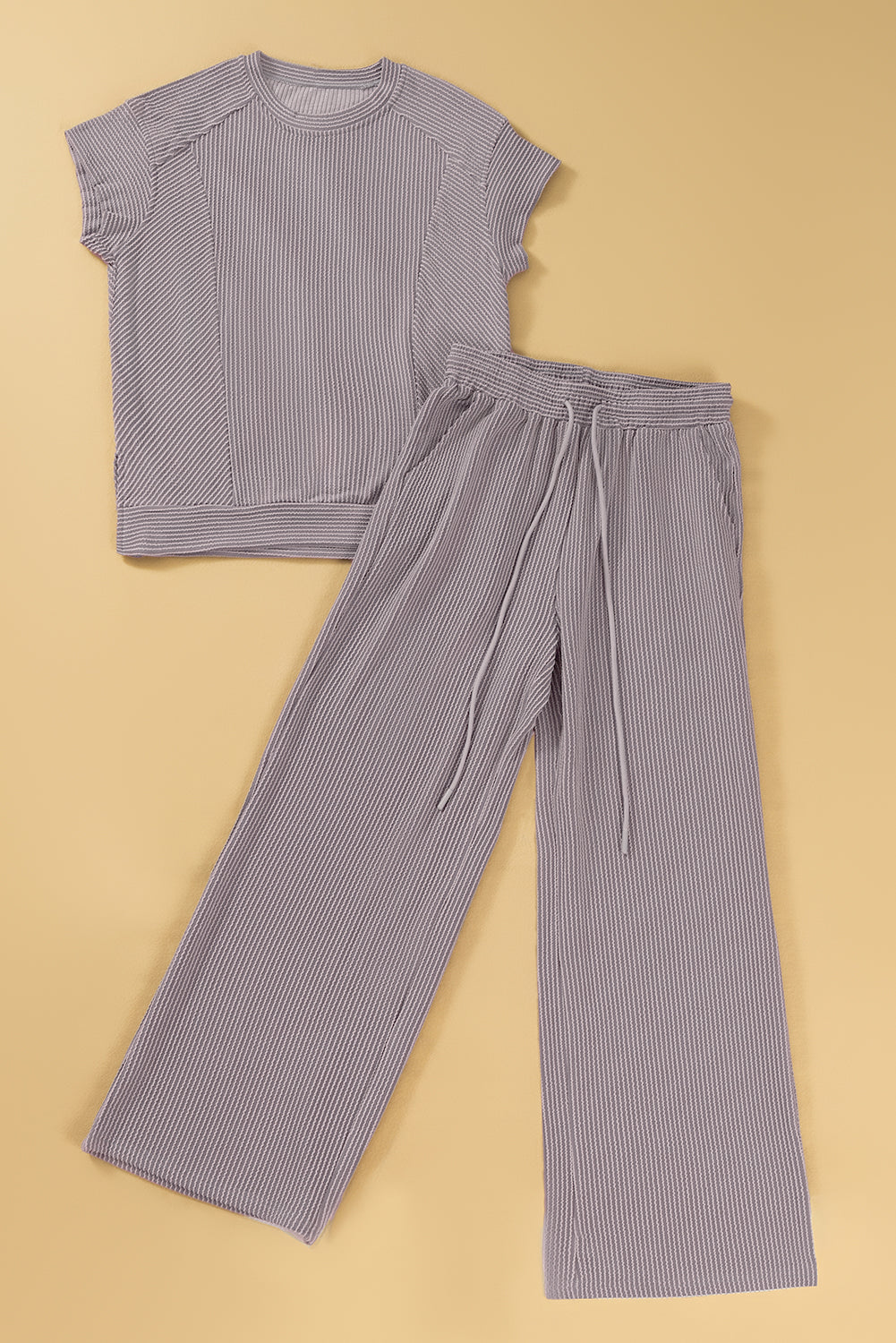 Smoke Gray Solid Corded Knit Short Sleeve T Shirt and Wide Leg Pants Set
