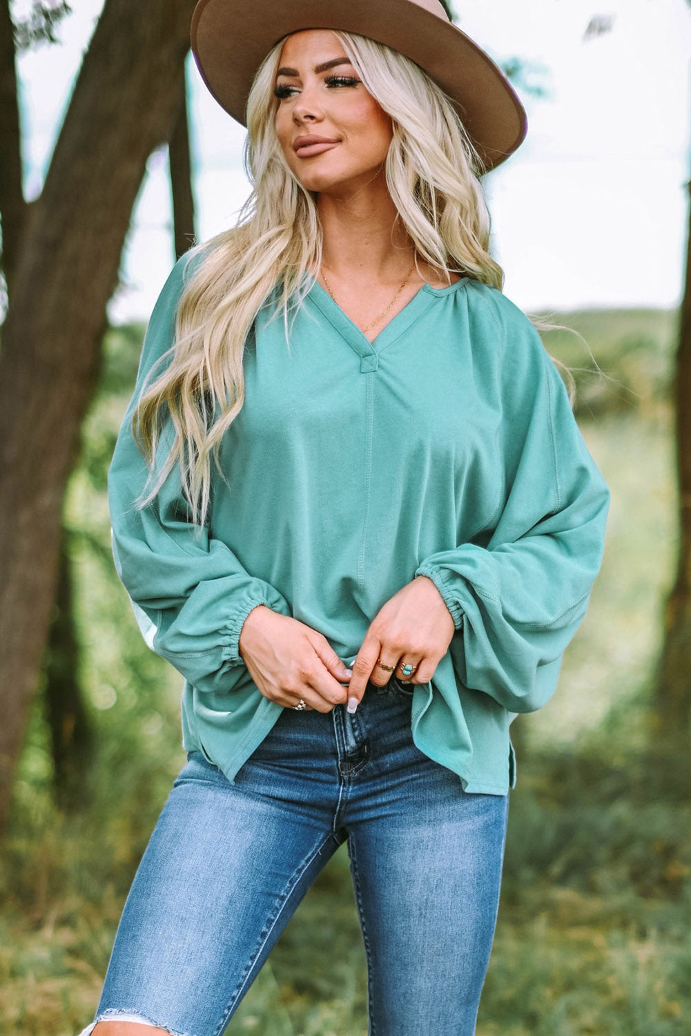 Split V Neck Green Dolman Top