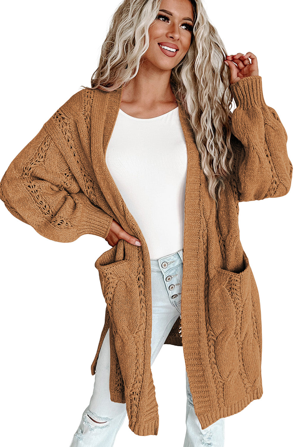 Khaki Ribbed Cable Knit Cardigan