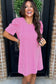 Parchment Corded Knit Crew Neck Puff Sleeve Shift Mini Dress