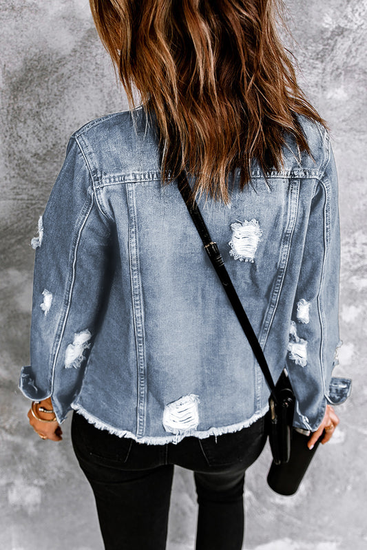 Sky Blue Lapel Distressed Raw Hem Denim Jacket