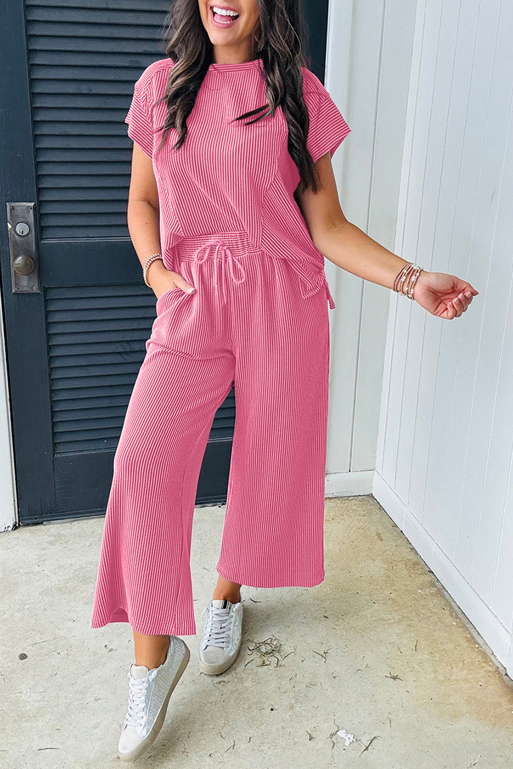Smoke Gray Solid Corded Knit Short Sleeve T Shirt and Wide Leg Pants Set