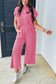 Smoke Gray Solid Corded Knit Short Sleeve T Shirt and Wide Leg Pants Set