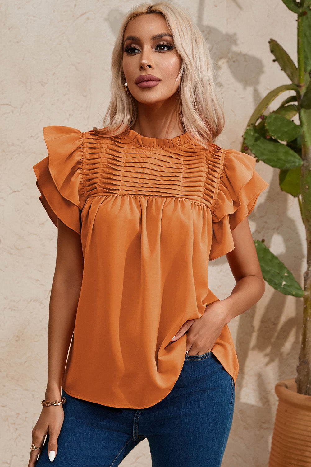 Grapefruit Orange Smocked Ruffle Sleeve Blouse