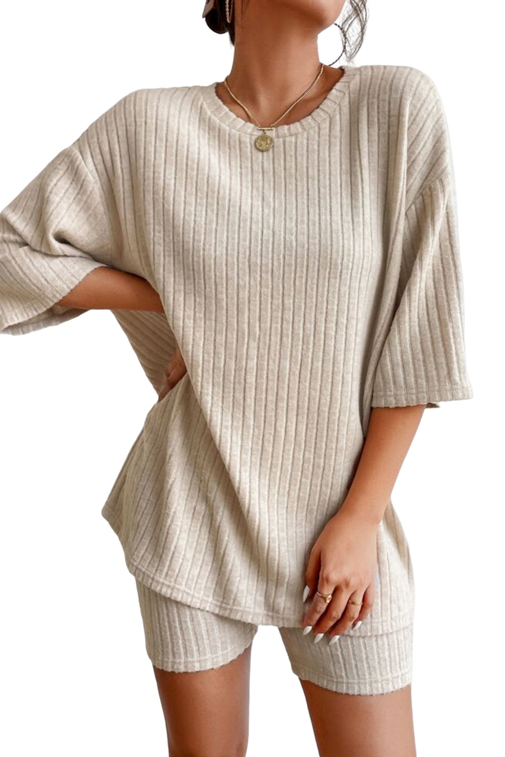 Beige Ribbed Loose Fit Two Piece Lounge Set