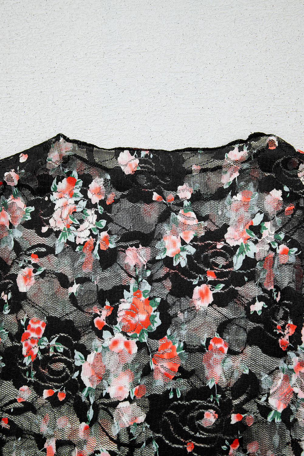 Black Floral Mesh Sheer Long Sleeve Top