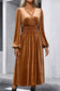 Camel Wrap V Neck High Waist Velvet Midi Dress