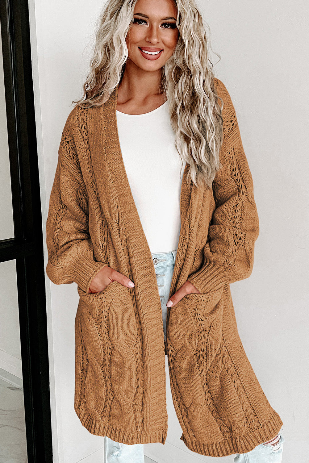 Khaki Ribbed Cable Knit Cardigan