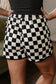 Black Checkered Drawstring Elastic Waist Casual Shorts