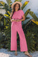 Smoke Gray Solid Corded Knit Short Sleeve T Shirt and Wide Leg Pants Set
