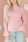 Gossamer Pink Heart Jacquard Flare Sleeve Mock Neck Fitted Top