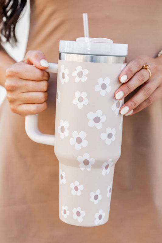 Floral Print Stainless Tumbler With Lid And Straw