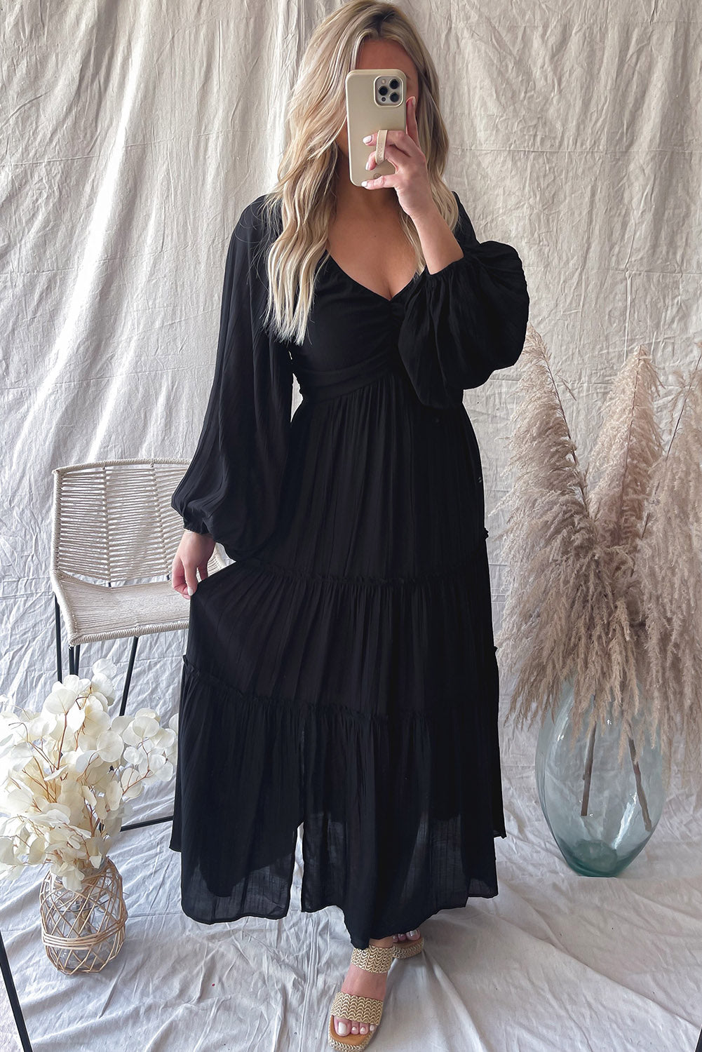 Black V Neck Frill Tiered Maxi Dress