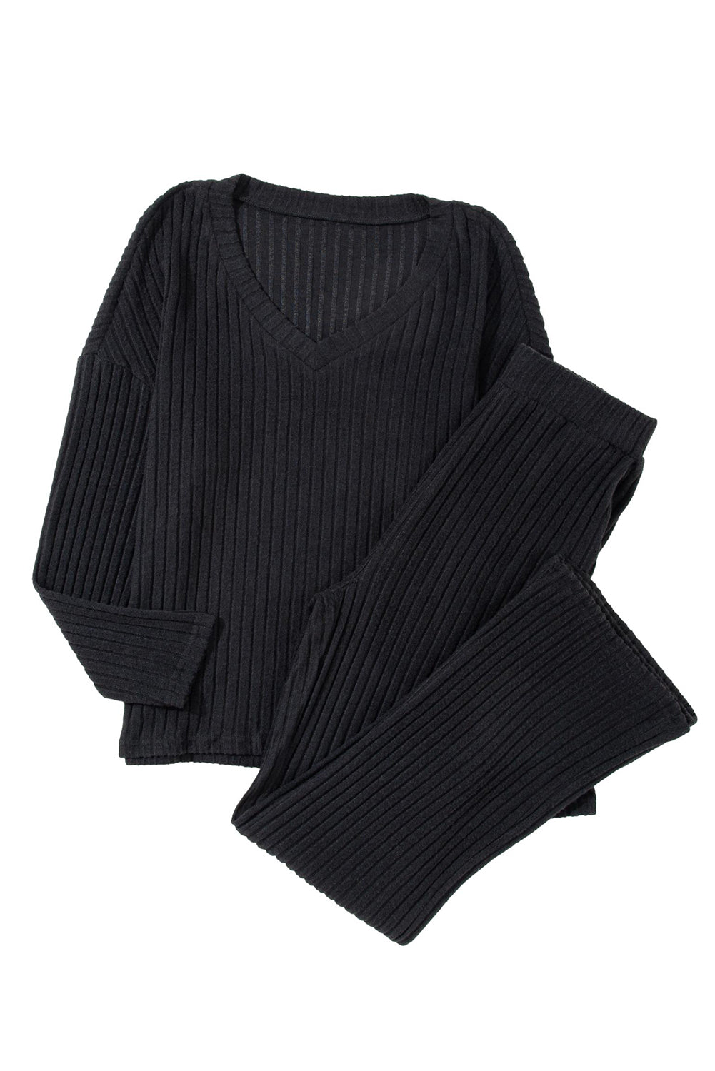 Black Ribbed Knit V Neck Slouchy Two-piece Outfit