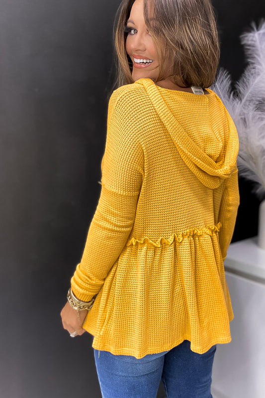 Yellow V Neck Drop Shoulder Hooded Flowy Top