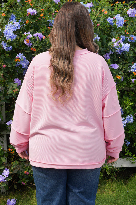 Pink Drop Shoulder Long Sleeve Plus Size Ribbed Top