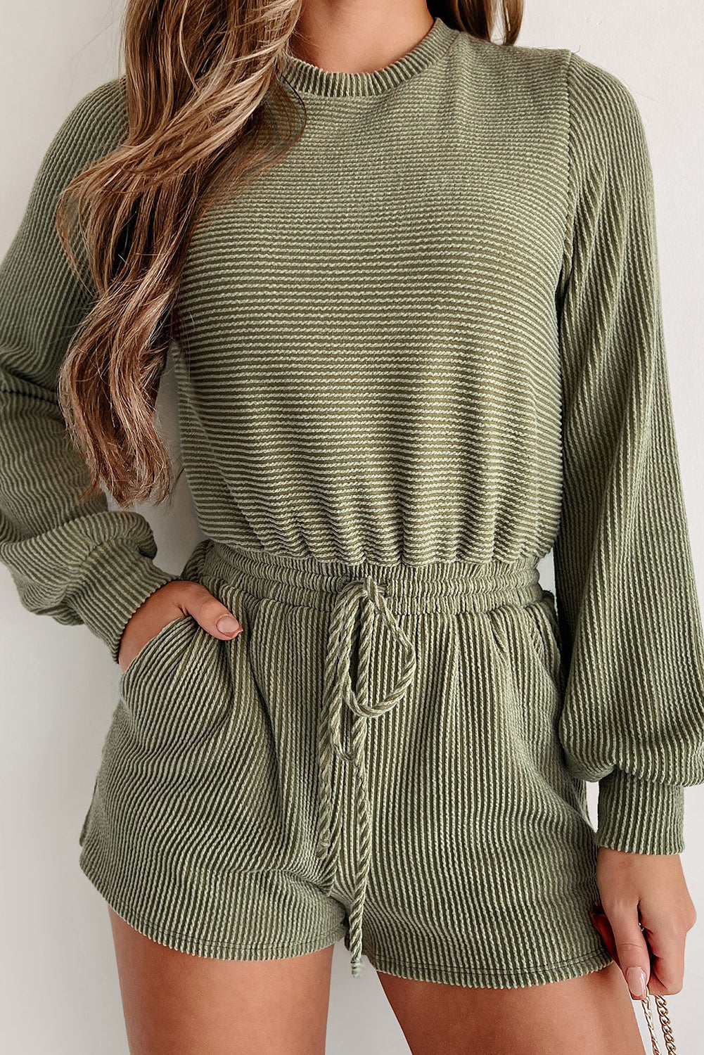 Jungle Green Corded Long Sleeve Drawstring Romper